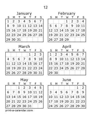12 Two Page Yearly Calendar | Six months per page