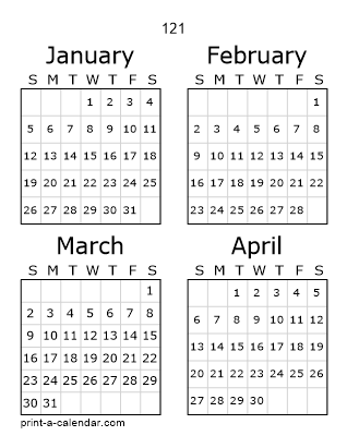 121 Three Page Yearly Calendar | Four months per page