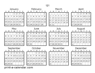 121 Yearly Calendar | One page Calendar