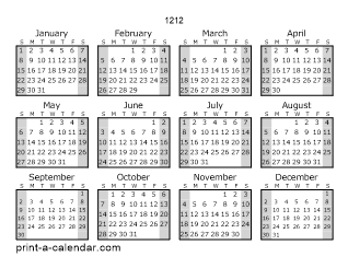 1212 Yearly Calendar (Style 1)