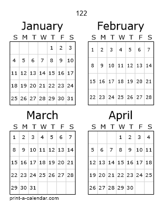 122 Three Page Yearly Calendar | Four months per page