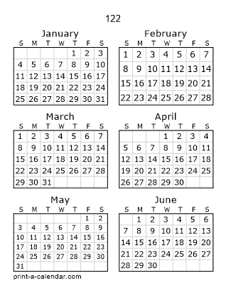 122 Two Page Yearly Calendar | Six months per page