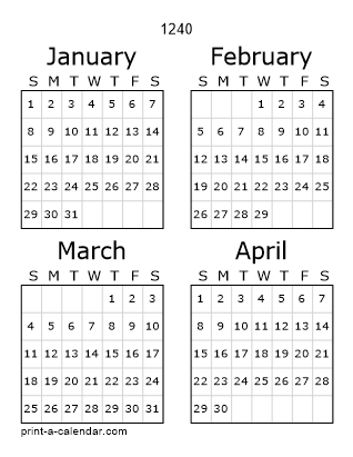 1240 Three Page Yearly Calendar | Four months per page