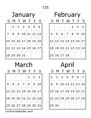 125 Three Page Yearly Calendar | Four months per page