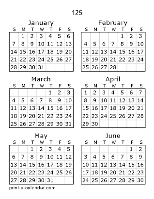 125 Two Page Yearly Calendar | Six months per page