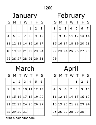 1260 Three Page Yearly Calendar | Four months per page