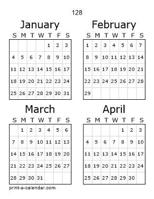 128 Three Page Yearly Calendar | Four months per page