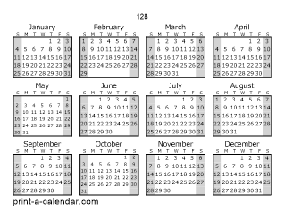 128 Yearly Calendar (Style 1)