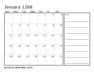 1288 Monthly Calendar with Notes