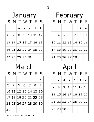 13 Three Page Yearly Calendar | Four months per page