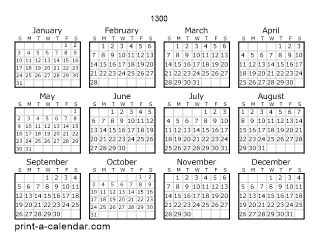 1300 Yearly Calendar | One page Calendar