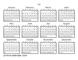 131 Yearly Calendar | One page Calendar