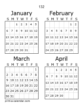 132 Three Page Yearly Calendar | Four months per page