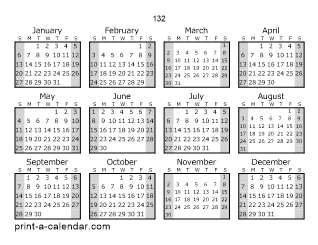 132 Yearly Calendar (Style 1)