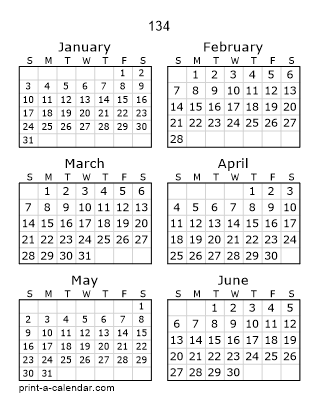 134 Two Page Yearly Calendar | Six months per page