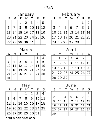 1343 Two Page Yearly Calendar | Six months per page