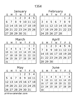 1354 Two Page Yearly Calendar | Six months per page