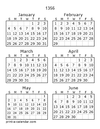 1356 Two Page Yearly Calendar | Six months per page