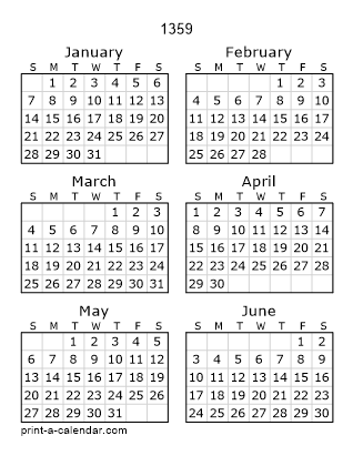 1359 Two Page Yearly Calendar | Six months per page