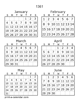 1361 Two Page Yearly Calendar | Six months per page