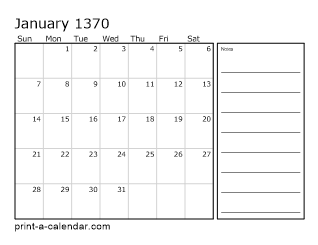 1370 Monthly Calendar with Notes