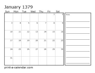 1379 Monthly Calendar with Notes