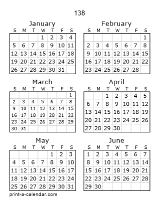 138 Two Page Yearly Calendar | Six months per page