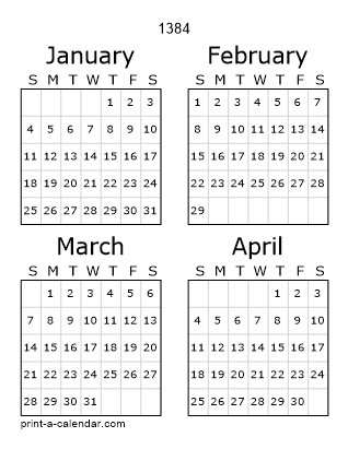 1384 Three Page Yearly Calendar | Four months per page
