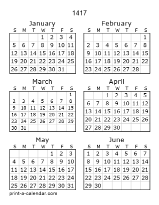 1417 Two Page Yearly Calendar | Six months per page