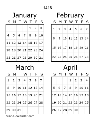 1418 Three Page Yearly Calendar | Four months per page