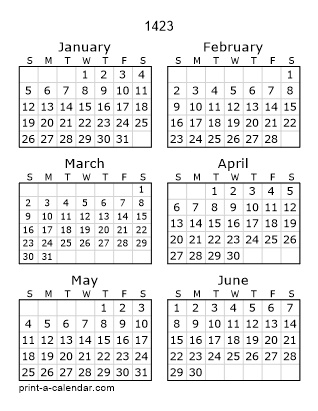 1423 Two Page Yearly Calendar | Six months per page