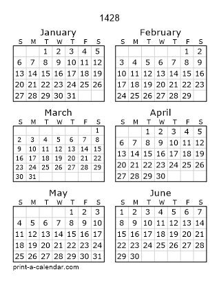 1428 Two Page Yearly Calendar | Six months per page