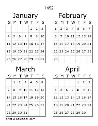 1452 Three Page Yearly Calendar | Four months per page