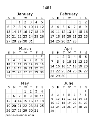 1461 Two Page Yearly Calendar | Six months per page