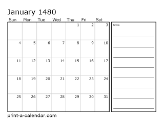 1480 Monthly Calendar with Notes