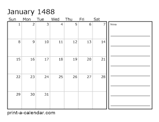 1488 Monthly Calendar with Notes