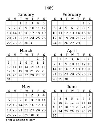 1489 Two Page Yearly Calendar | Six months per page