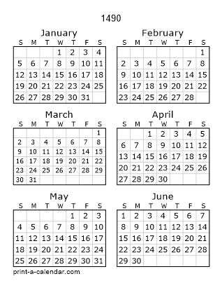 1490 Two Page Yearly Calendar | Six months per page