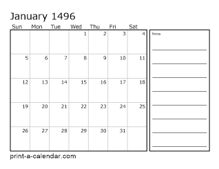 1496 Monthly Calendar with Notes