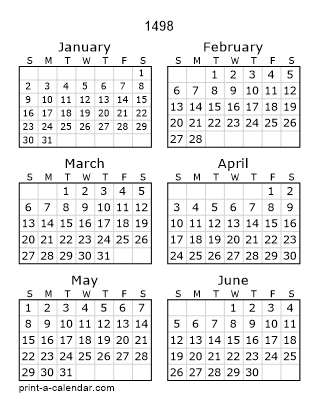 1498 Two Page Yearly Calendar | Six months per page