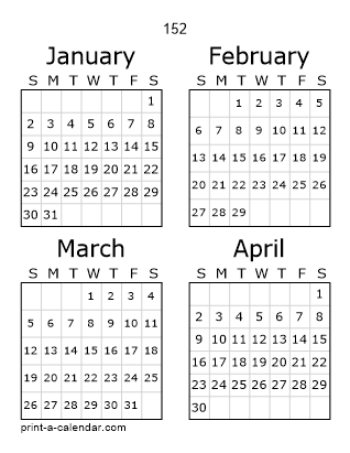 152 Three Page Yearly Calendar | Four months per page