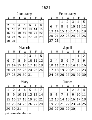 1521 Two Page Yearly Calendar | Six months per page