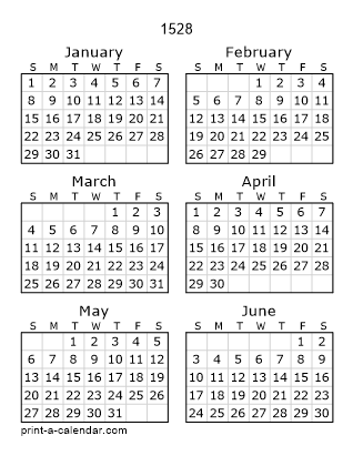 1528 Two Page Yearly Calendar | Six months per page