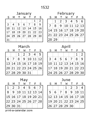 1532 Two Page Yearly Calendar | Six months per page