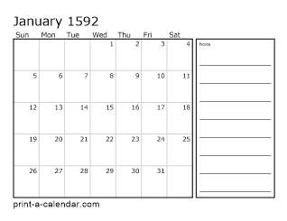 1592 Monthly Calendar with Notes