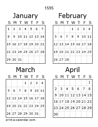 1595 Three Page Yearly Calendar | Four months per page