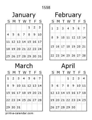 1598 Three Page Yearly Calendar | Four months per page