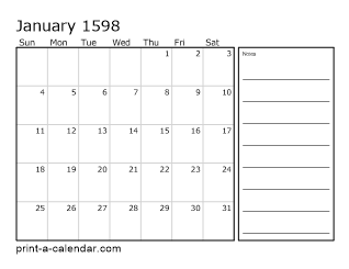 1598 Monthly Calendar with Notes