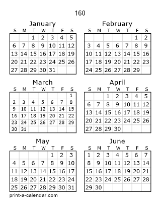 160 Two Page Yearly Calendar | Six months per page