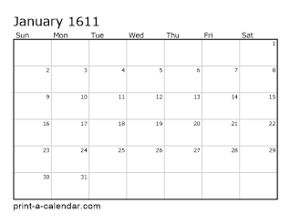 1611 Monthly Calendar